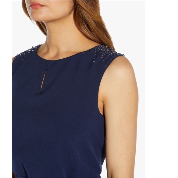 NEW Adrianna Papell NAVY Beaded Shoulder CREPE Blouson EVENING DRESS GOWN 8 - Picture 10 of 11